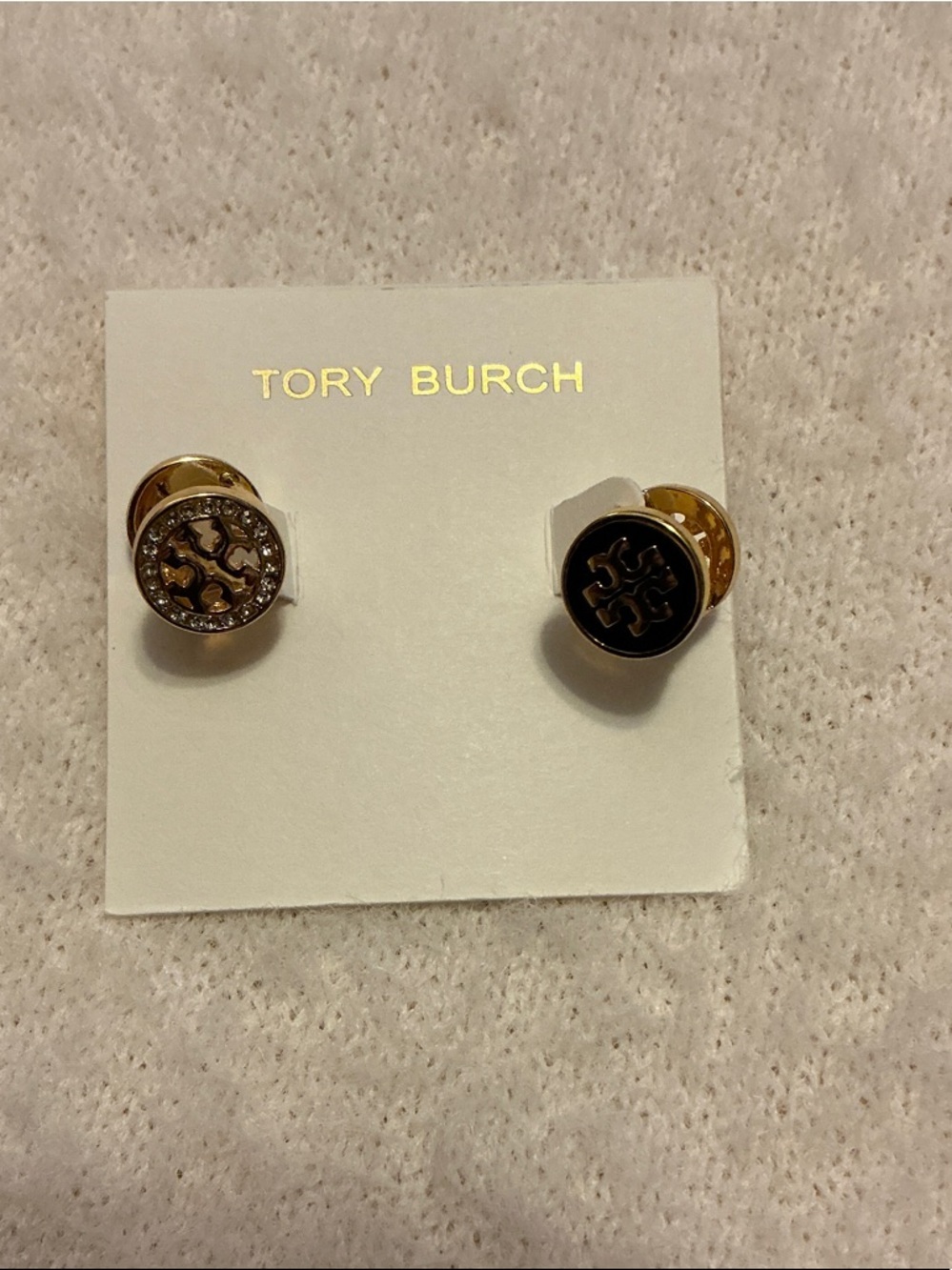 Tory Burch 2 sided Black and Crystal Gold tone Logo huggie Earrings